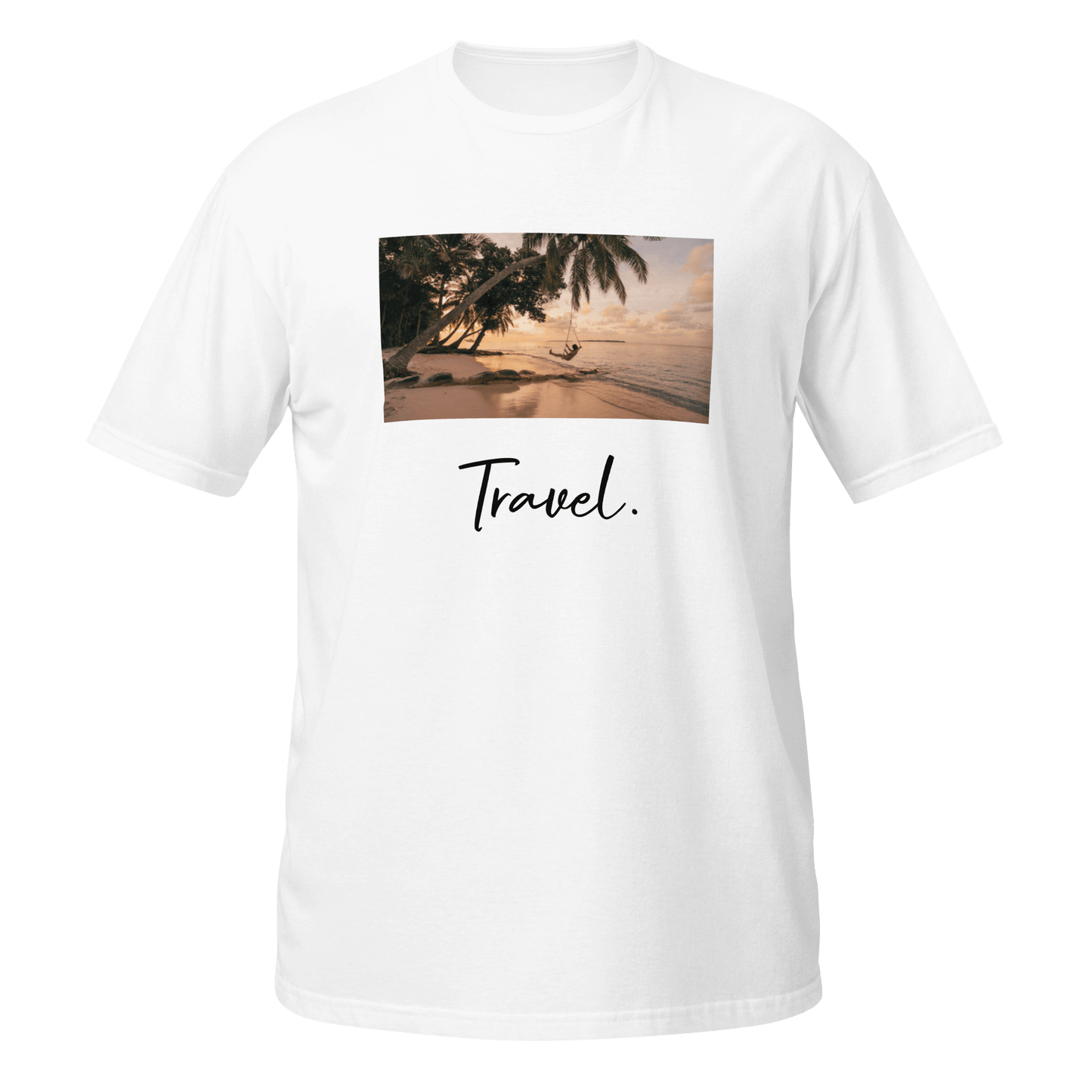 White unisex T-shirt featuring the 'Travel' print on the front. The T-shirt has a structured fit with a classic crew neck, offering a sleek and modern appearance.