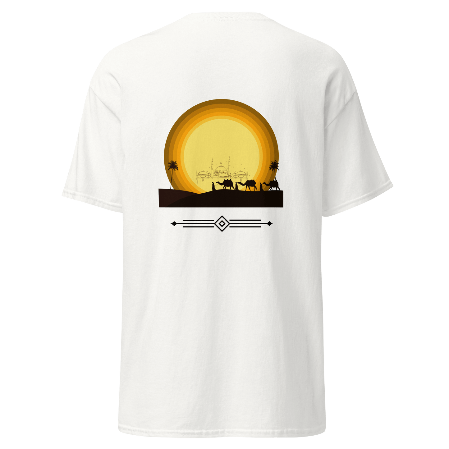 White unisex T-shirt showcasing the 'Arabic Sun' print on the back. The design includes an elegant Arabic calligraphy sun motif, adding a touch of cultural sophistication to the minimalist style.