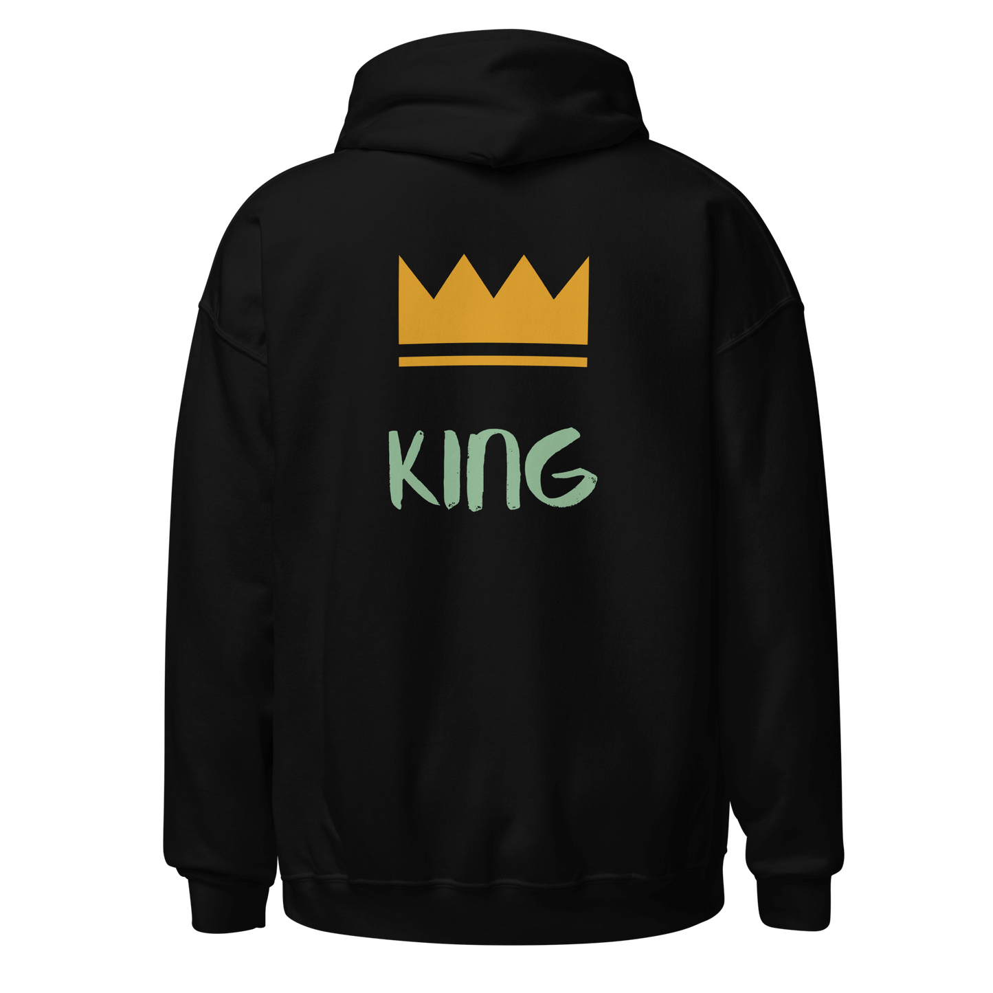 Black unisex hoodie showcasing the word 'KING' in bold, elegant typography on the back. The design adds a touch of sophistication to the minimalist style.