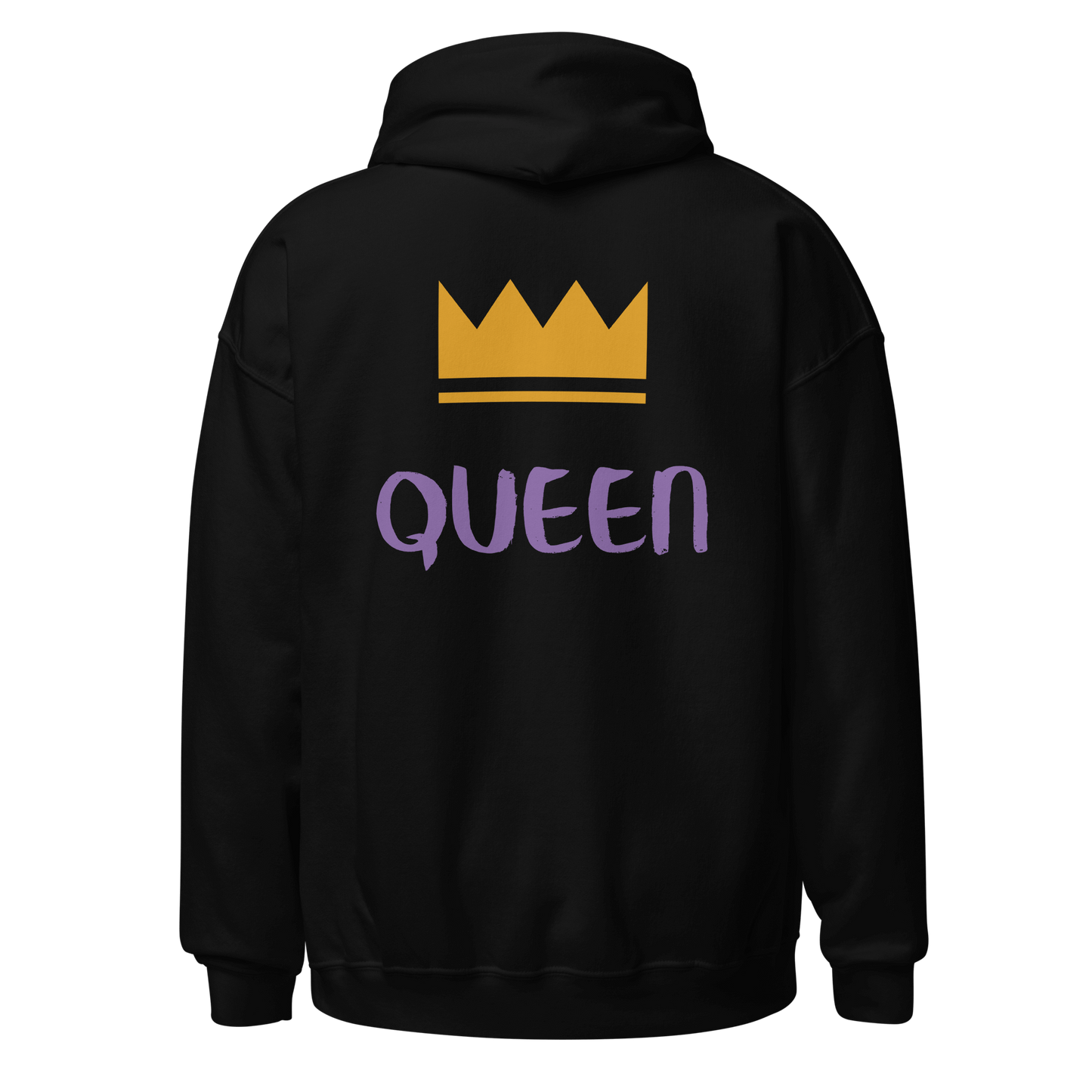 Black unisex hoodie showcasing the 'QUEEN' print on the back. The design includes bold, elegant typography, adding a touch of sophistication to the minimalist style.