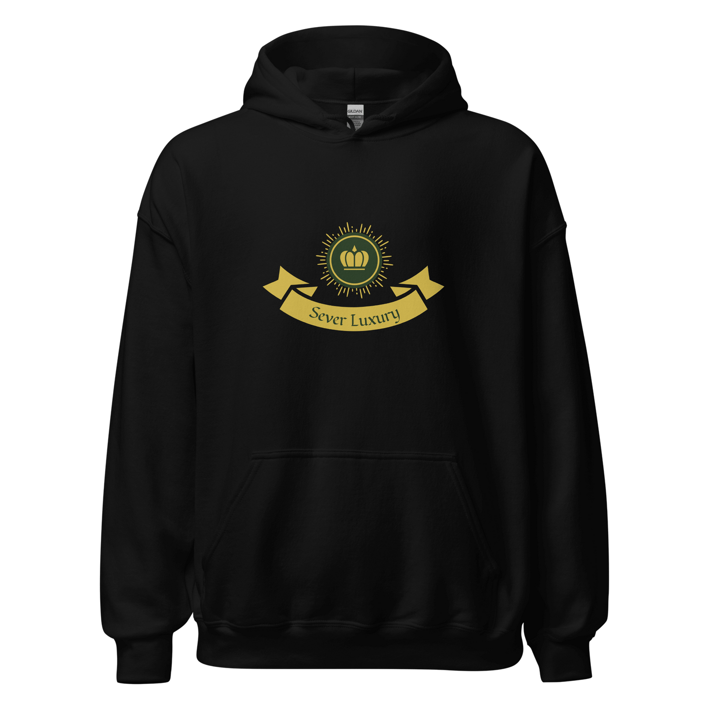 Black unisex hoodie featuring the 'Sever Luxury' logo printed on the front. The hoodie has a structured fit with a drawstring hood and ribbed cuffs, offering a sleek and modern appearance.