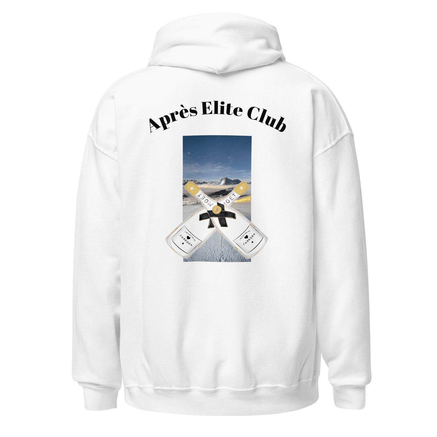 White unisex hoodie showcasing the 'Aprés Elite' print on the back. The design includes bold, elegant typography, adding a touch of sophistication to the minimalist style.