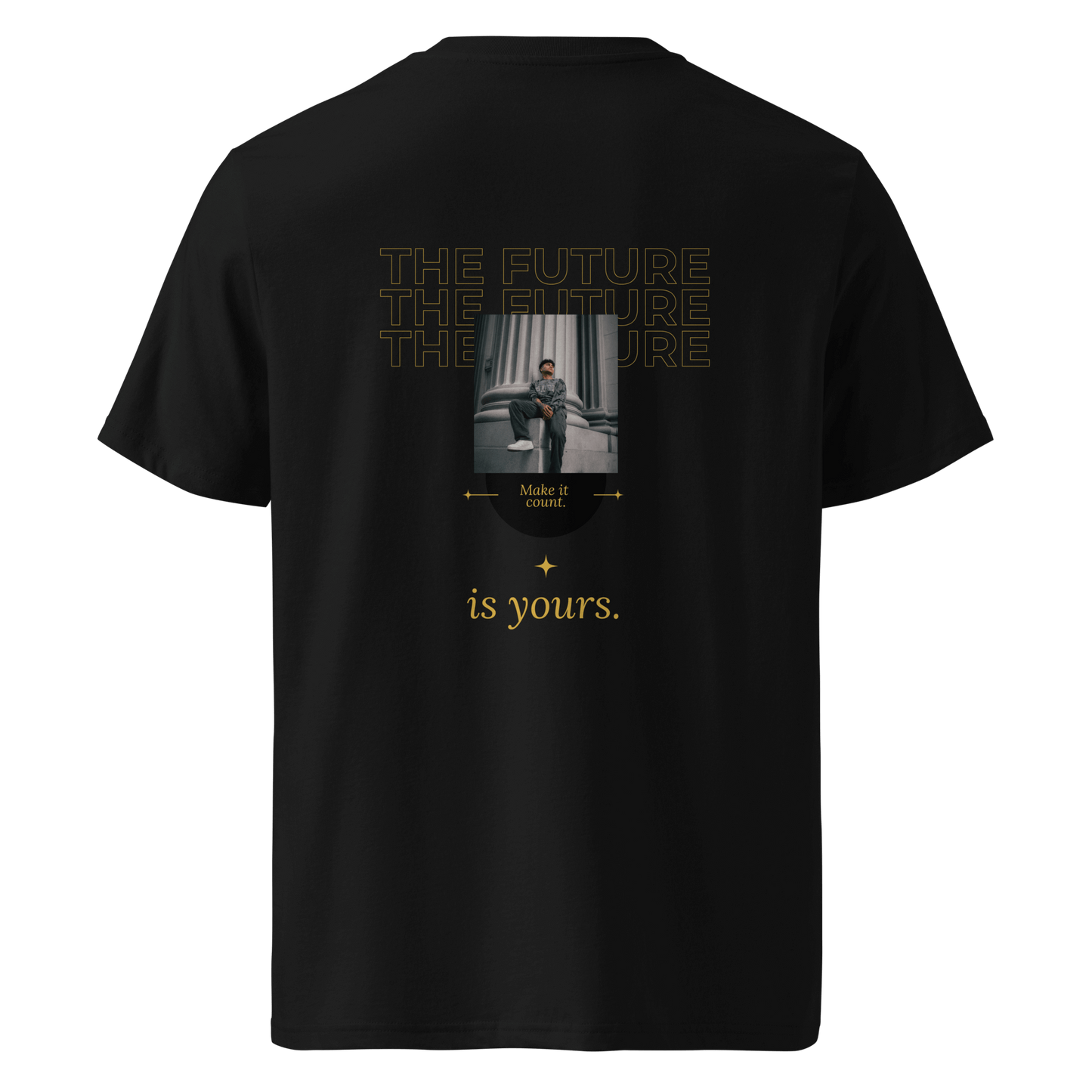 Minimalist black T-shirt with a clean, unbranded back. Designed for a sharp, structured fit, making it a versatile staple for any wardrobe.