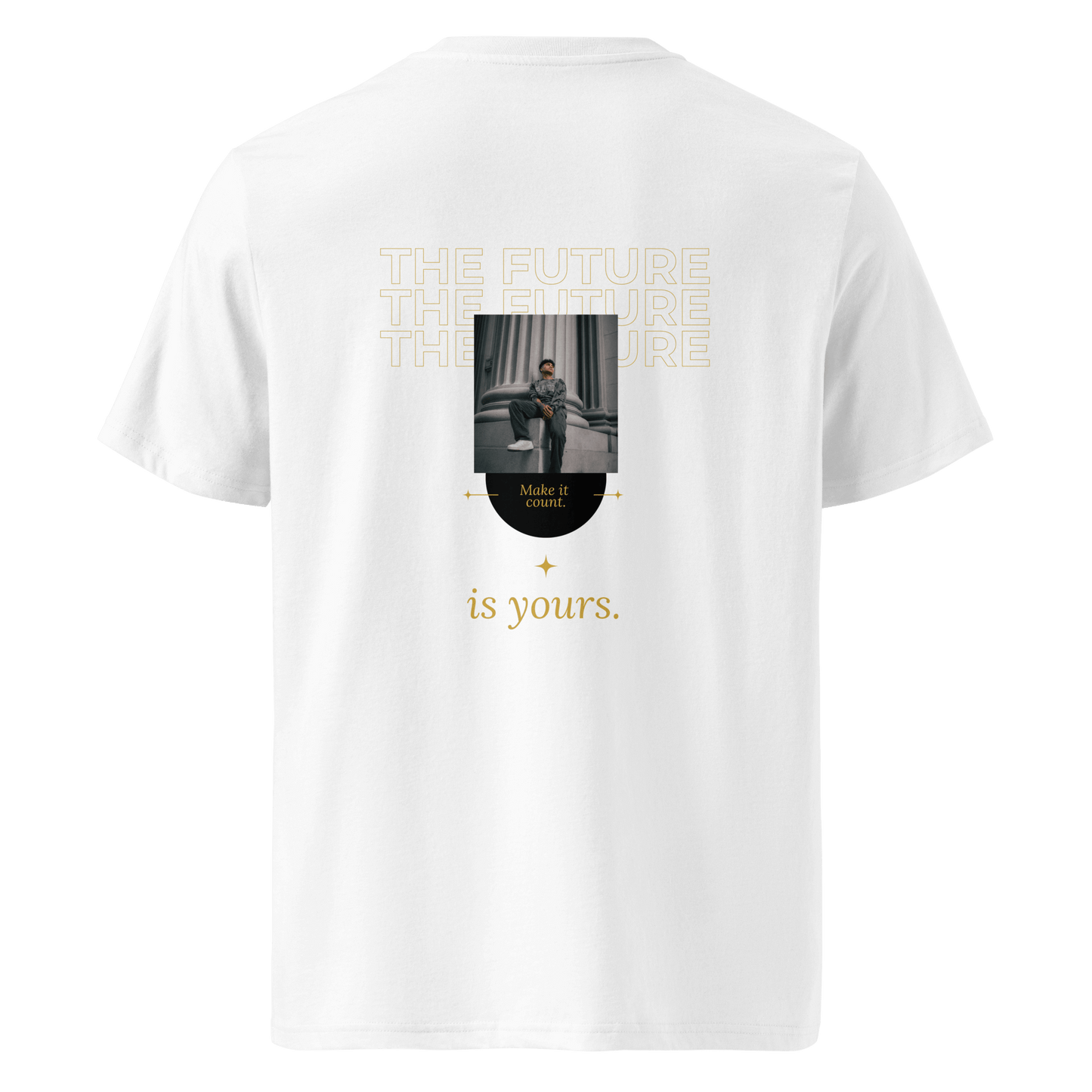 Minimalist white T-shirt showcasing a clean, unbranded back. Designed with a structured fit, this versatile piece is a staple for any wardrobe.