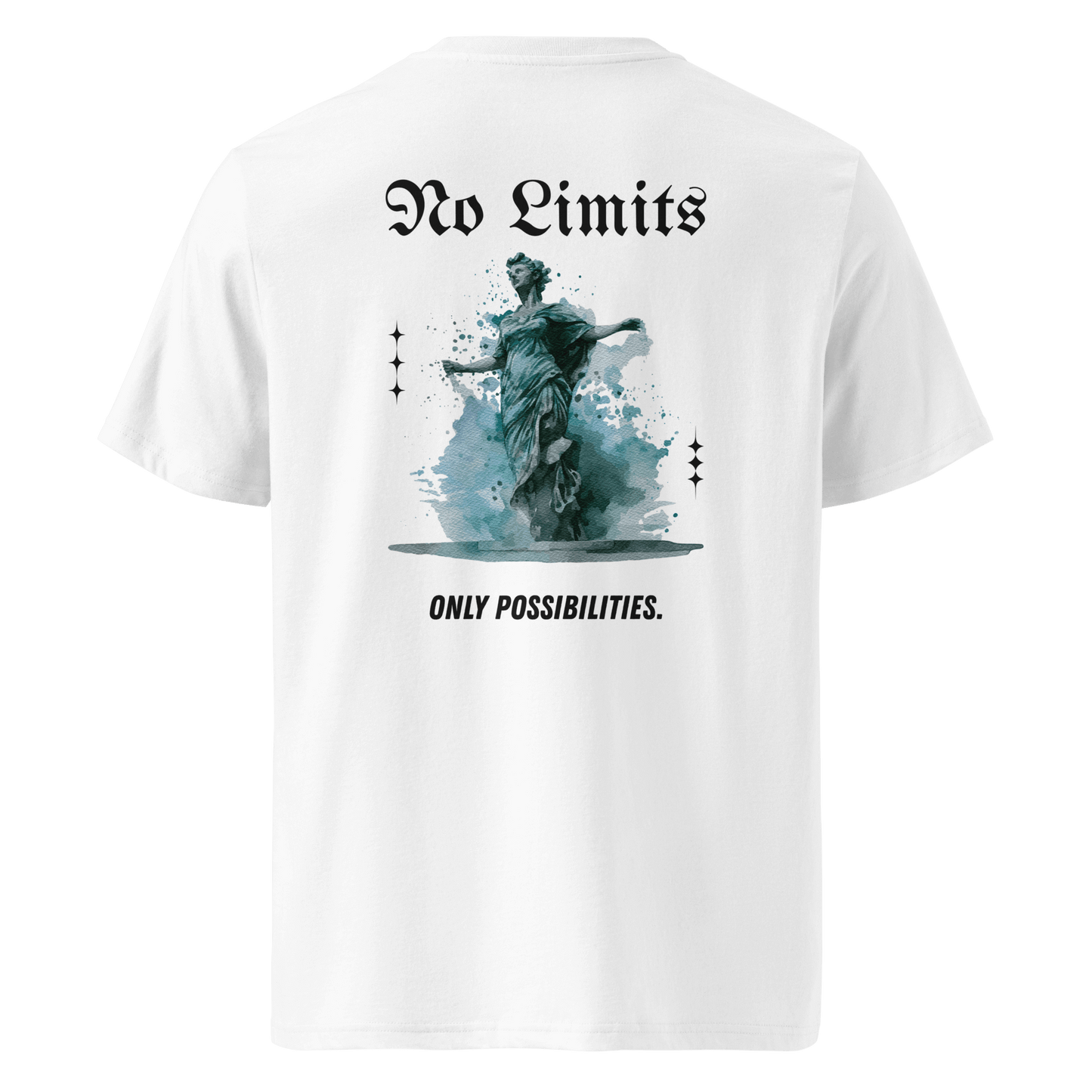 White unisex t-shirt featuring bold back print with a teal statue, ‘No Limits’ gothic text, and ‘ONLY POSSIBILITIES.’ slogan — modern luxury streetwear.