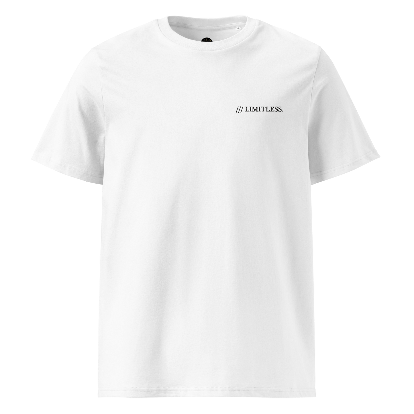 Minimalist white unisex t-shirt with embroidered /// LIMITLESS. text on the chest — premium streetwear design made from organic cotton.