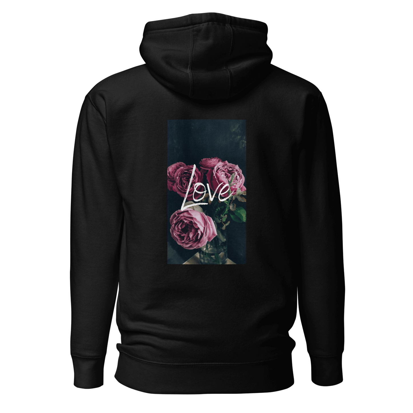 Black unisex hoodie showcasing the 'LOVE' print on the back. The design includes bold, elegant typography, adding a touch of sophistication to the minimalist style.