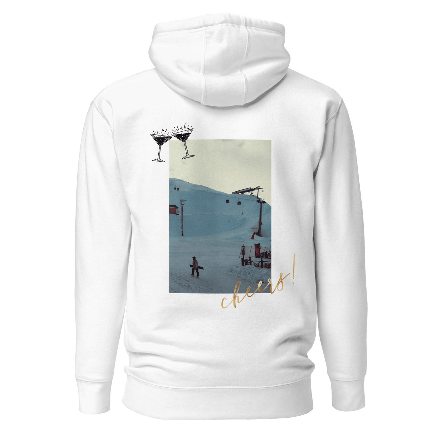 White unisex hoodie showcasing the 'Aprés Ski' print on the back. The design includes bold, elegant typography, adding a touch of sophistication to the minimalist style.