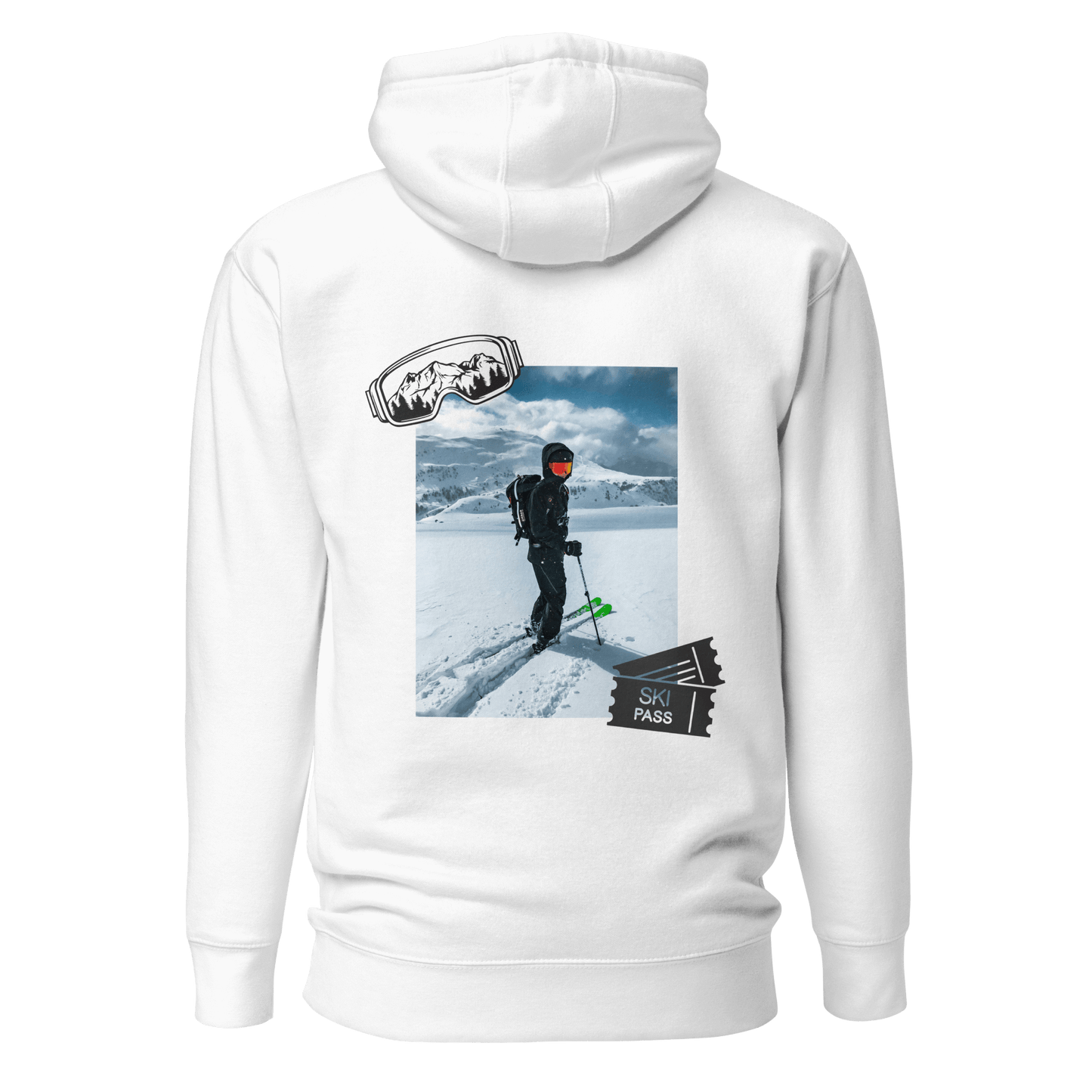 White unisex hoodie showcasing a skiing-themed print on the back. The design includes bold, elegant typography, adding a touch of sophistication to the minimalist style.