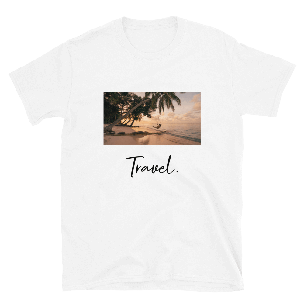 unisex shirt in white with Travel Print on the front