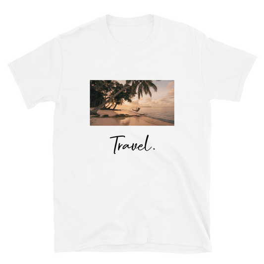 unisex shirt in white with Travel Print on the front