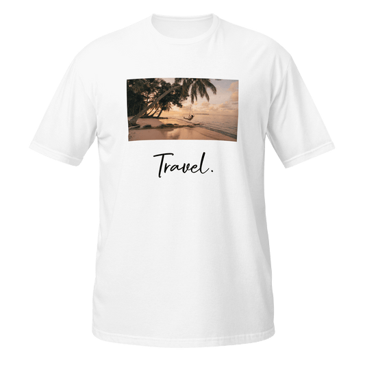 White unisex T-shirt featuring the 'Travel' print on the front. The T-shirt has a structured fit with a classic crew neck, offering a sleek and modern appearance.