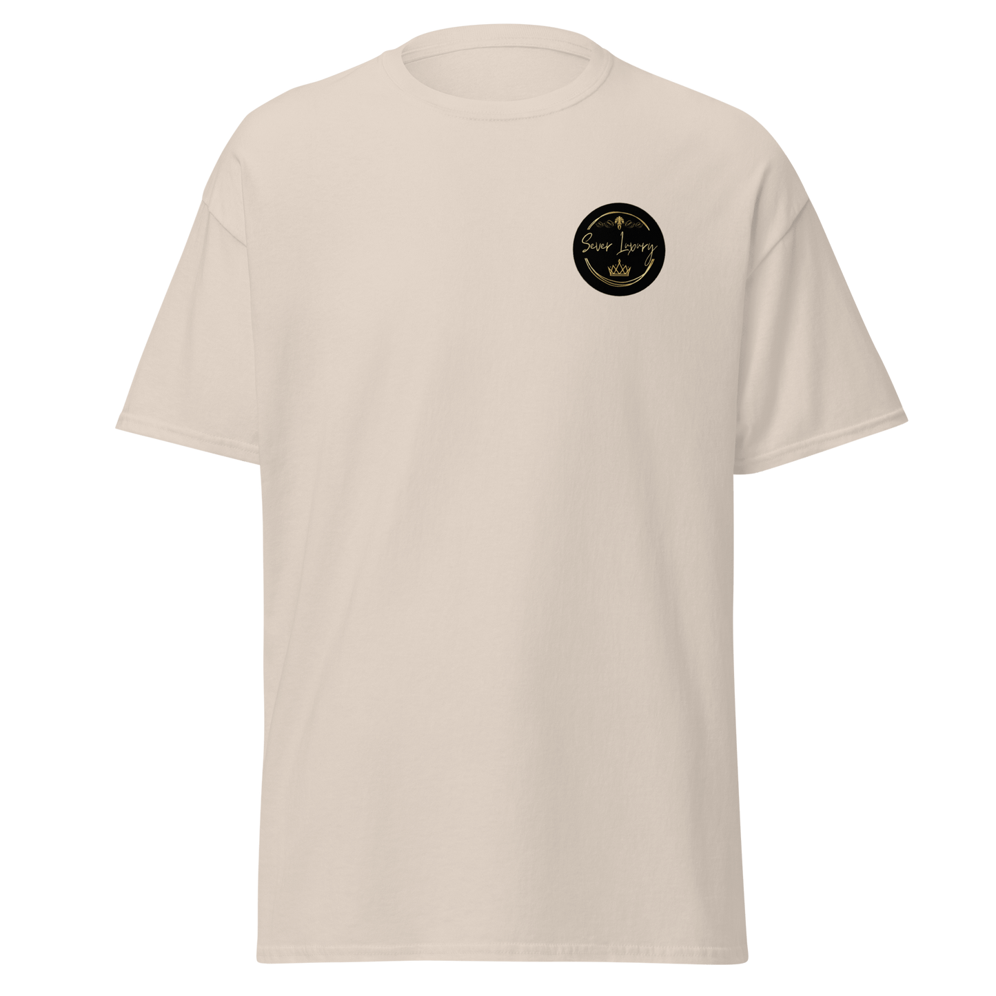 Natural-colored unisex T-shirt featuring the 'Sever Luxury' logo printed on the left chest. The T-shirt has a structured fit with a classic crew neck, offering a sleek and modern appearance.
