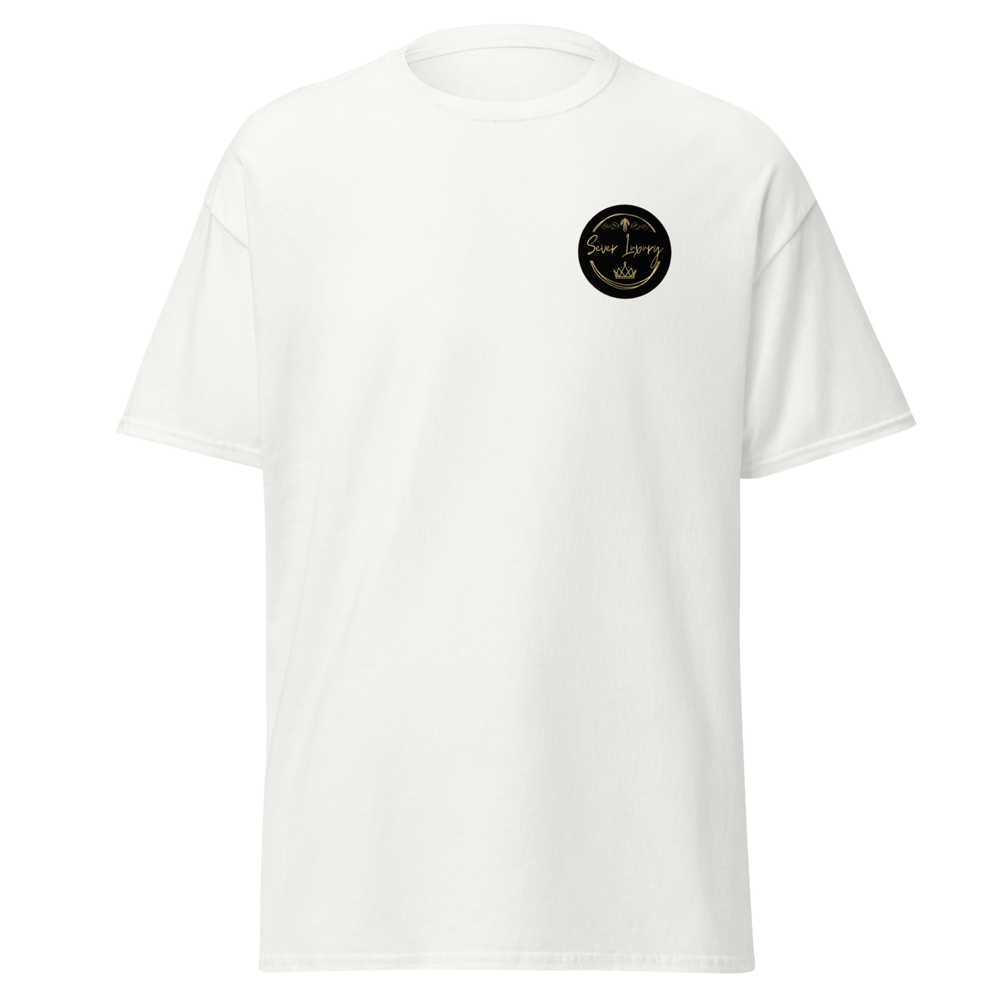 White unisex T-shirt featuring the 'Sever Luxury' logo printed on the left chest. The T-shirt has a structured fit with a classic crew neck, offering a sleek and modern appearance.