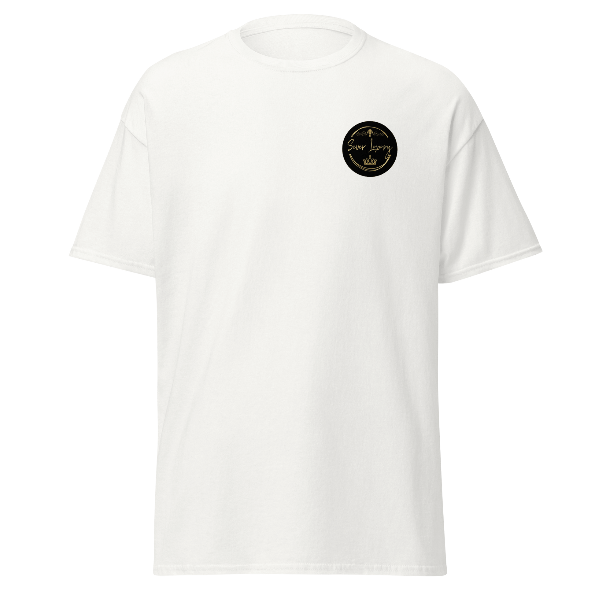White unisex T-shirt featuring the 'Sever Luxury' logo printed on the left chest. The T-shirt has a structured fit with a classic crew neck, offering a sleek and modern appearance.