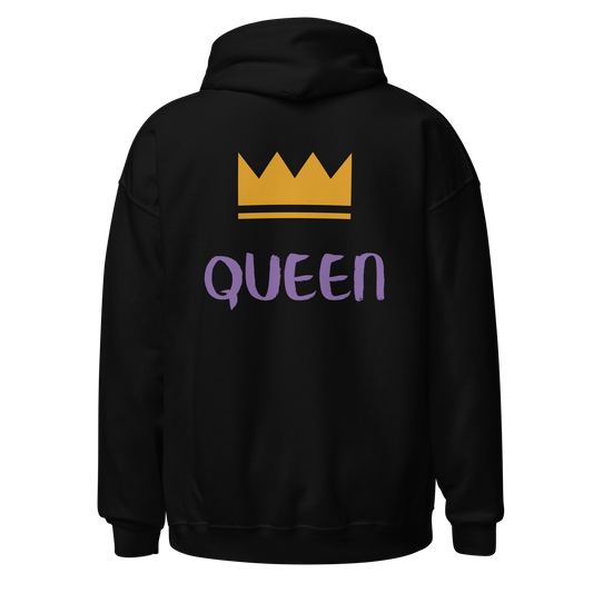 Unisex Hoodie in black from the back with our Queen Print