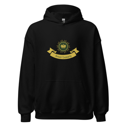 Black unisex hoodie featuring the 'Sever Luxury' logo printed on the front. The hoodie has a structured fit with a drawstring hood and ribbed cuffs, offering a sleek and modern appearance.