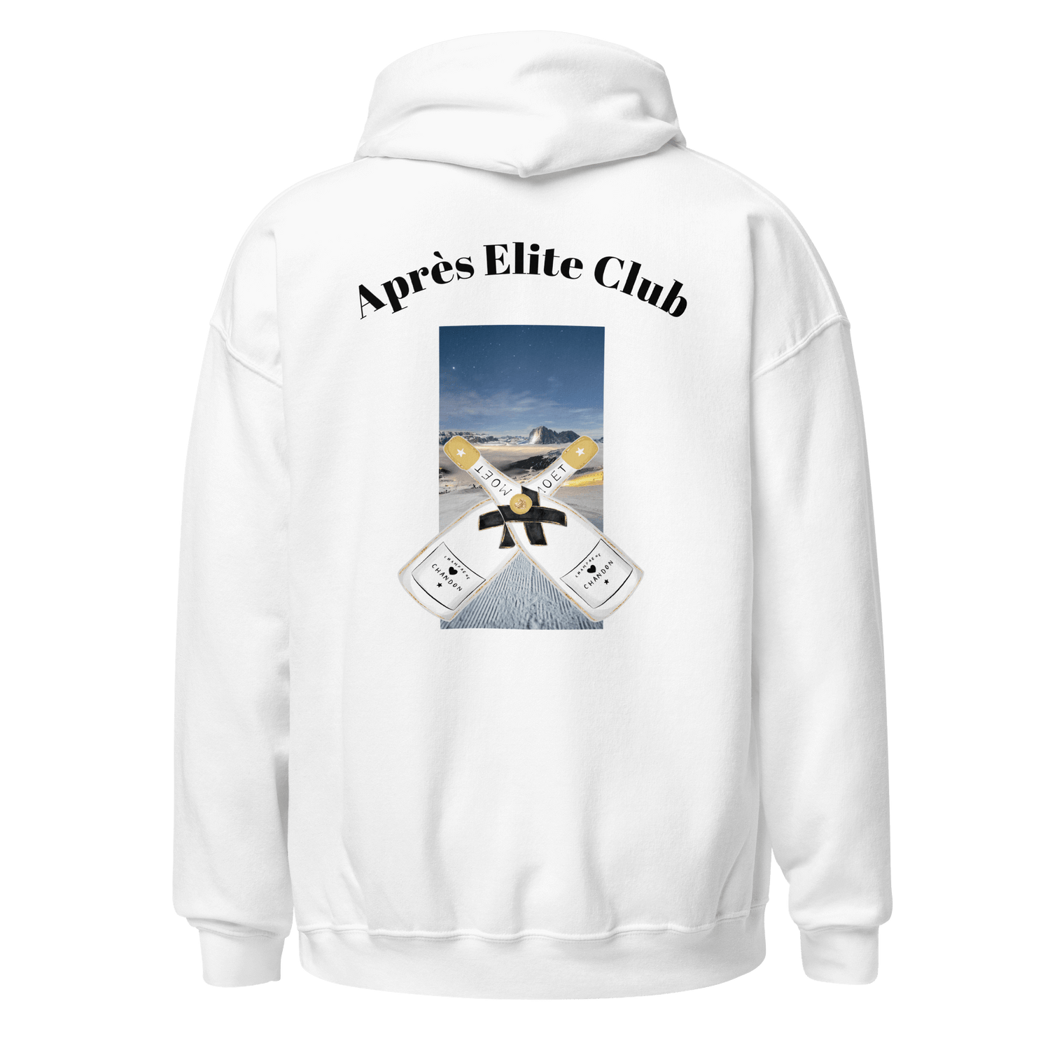 Unisex Hoodie in white with the Aprés Elite Print on the back