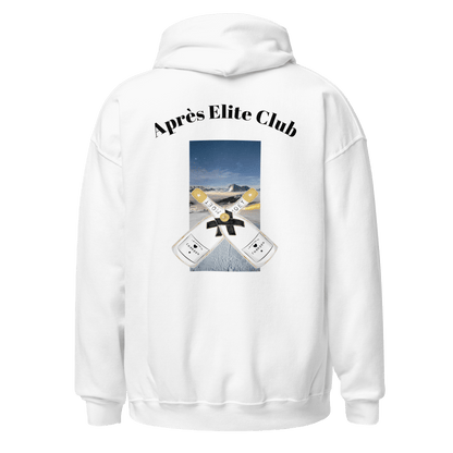 White unisex hoodie showcasing the 'Aprés Elite' print on the back. The design includes bold, elegant typography, adding a touch of sophistication to the minimalist style.