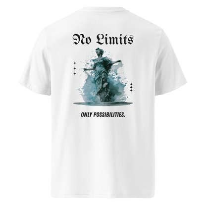 White unisex t-shirt featuring bold back print with a teal statue, ‘No Limits’ gothic text, and ‘ONLY POSSIBILITIES.’ slogan — modern luxury streetwear.