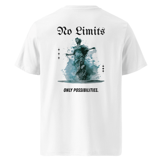 White unisex t-shirt featuring bold back print with a teal statue, ‘No Limits’ gothic text, and ‘ONLY POSSIBILITIES.’ slogan — modern luxury streetwear.