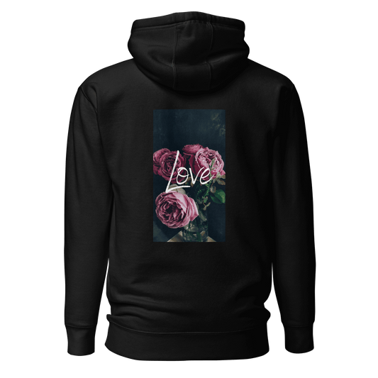 unisex premium hoodie in black with Love Print on the back