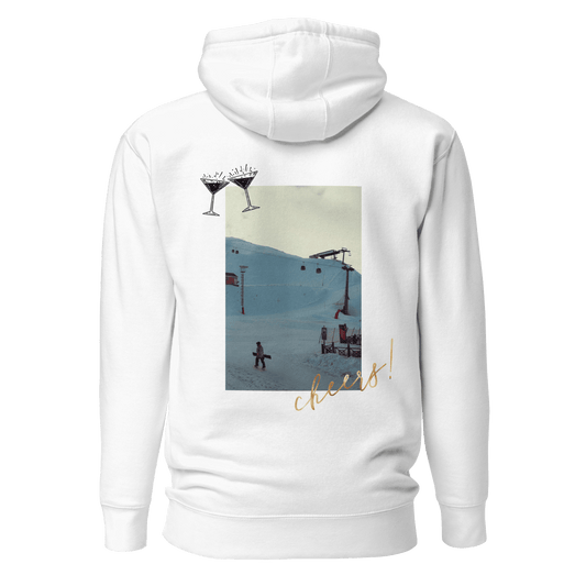 unisex premium hoodie in white with ski print on the back