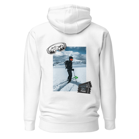 unisex premium hoodie in white with Ski Print on the back