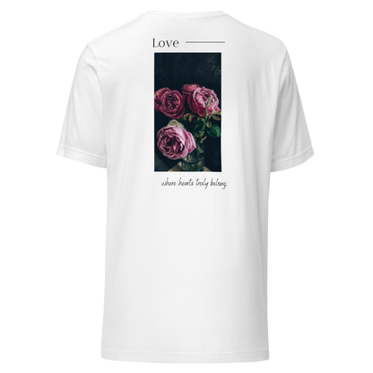 White unisex T-shirt showcasing the 'Love Rose' print on the back. The design includes an elegant rose graphic intertwined with the word 'Love' in bold typography, adding a touch of sophistication to the minimalist style.