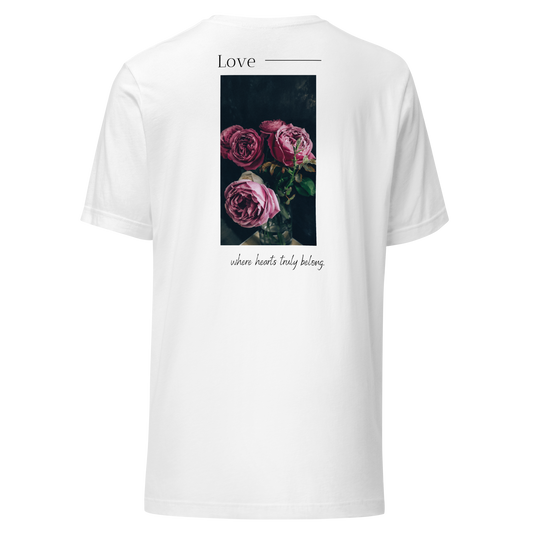 White unisex T-shirt showcasing the 'Love Rose' print on the back. The design includes an elegant rose graphic intertwined with the word 'Love' in bold typography, adding a touch of sophistication to the minimalist style.