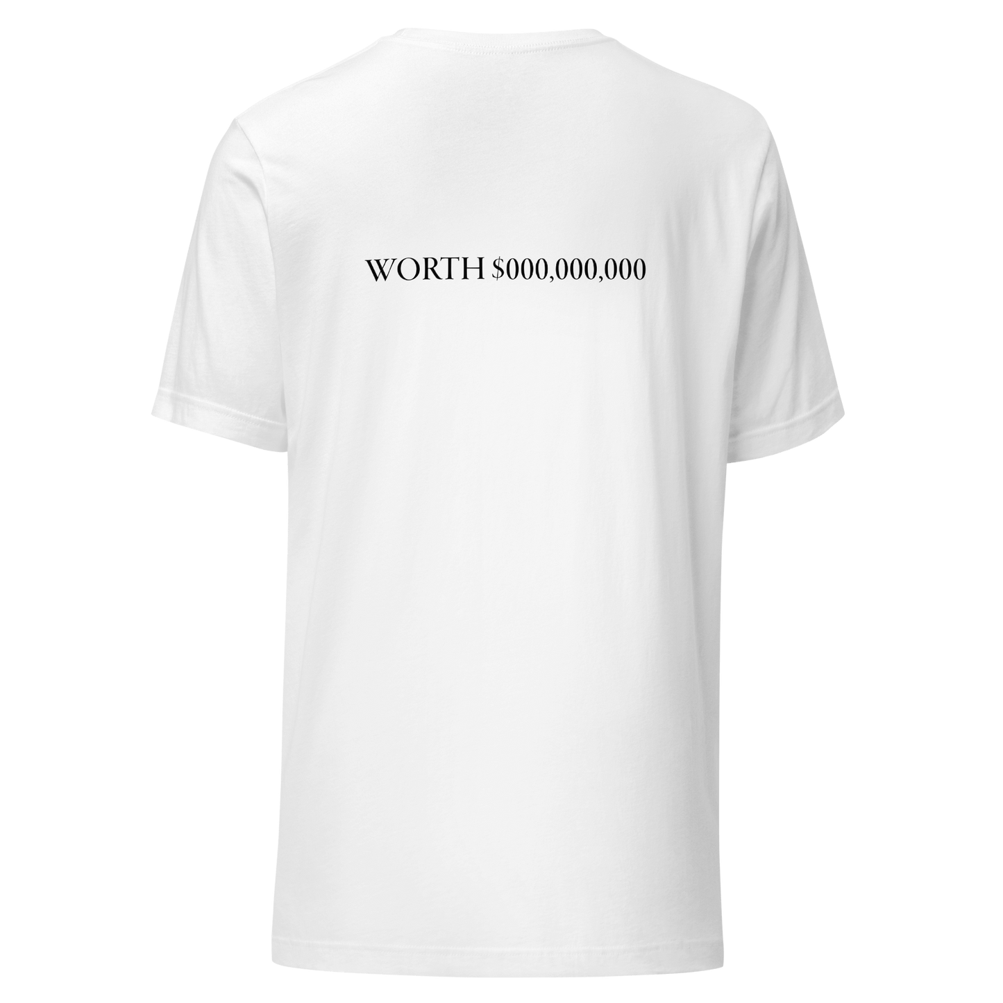 Mockup of the back side of a white Sever Luxury t-shirt featuring the bold “WORTH $000,000,000” graphic.