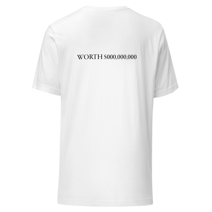 Mockup of the back side of a white Sever Luxury t-shirt featuring the bold “WORTH $000,000,000” graphic.